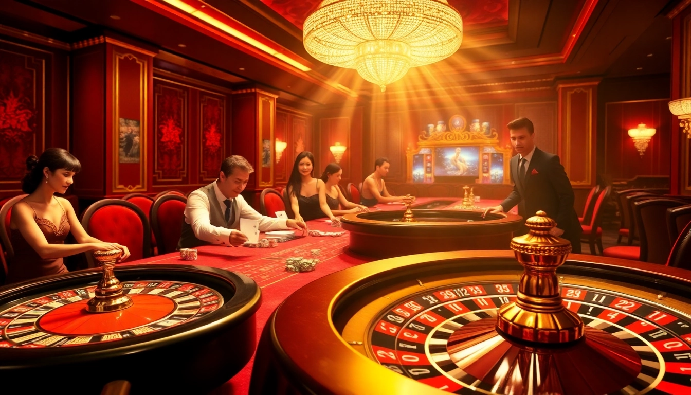 Thrilling casino atmosphere at Fun 88 with vibrant gaming tables and engaged players.