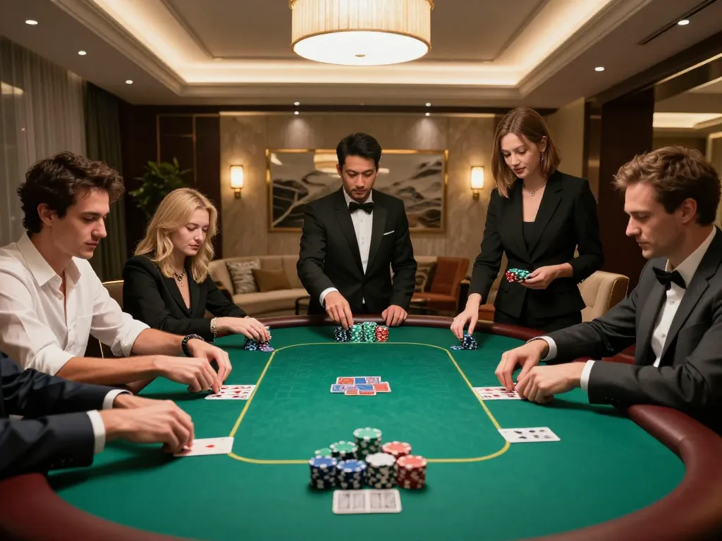 Players strategizing at QQ 88 poker table in an elegant private room.