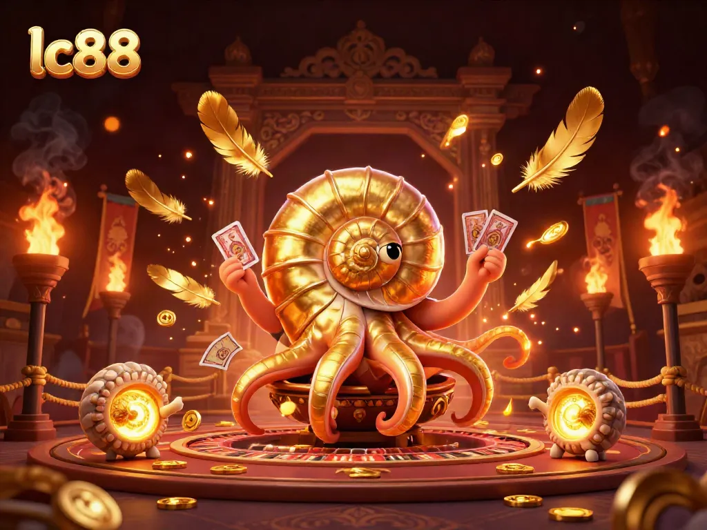 Experience exciting gaming adventures at lc88 with a vibrant 3D casino scene full of golden elements and dynamic characters.