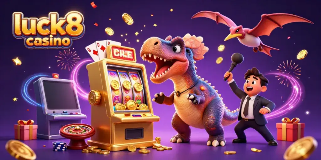Engaging scene with luck8 casino elements featuring a dinosaur headbutting a slot machine, capturing gold coins.