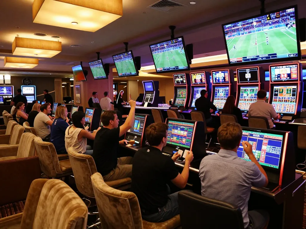 Engaging patrons at a sports betting lounge, showcasing transporthydraulics odds and excitement in a luxury casino setting