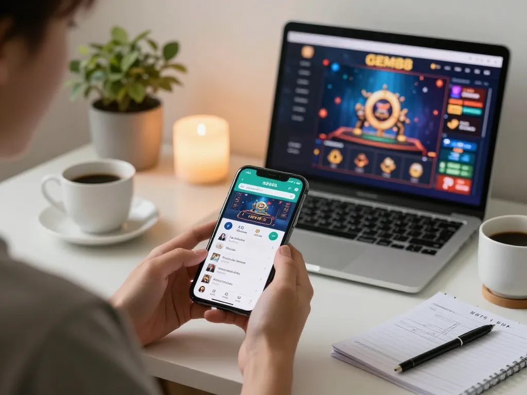 Engaging with the Nhà cái GEM88 app on smartphone while managing bankroll in a cozy online gaming setup.