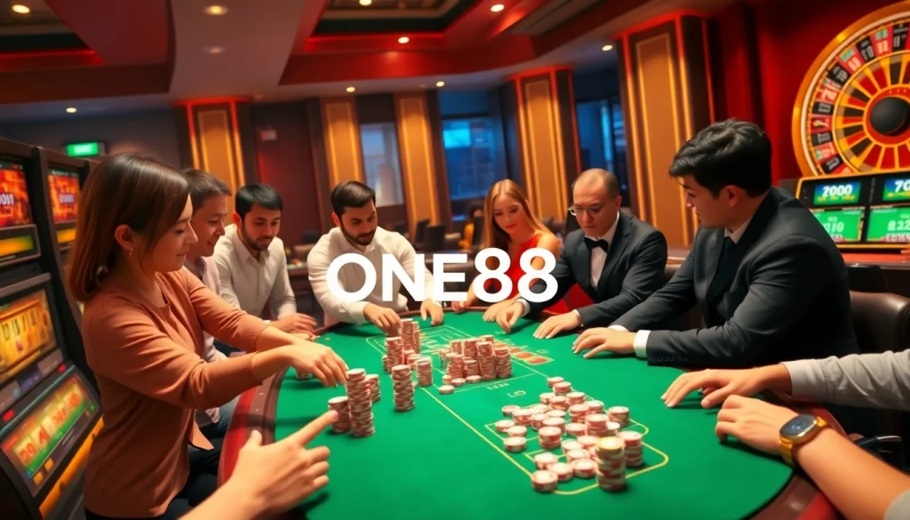 ONE88 players engaging at a dynamic casino table with cards and chips in play.