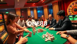 ONE88 players engaging at a dynamic casino table with cards and chips in play.