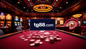 Players enjoying a poker game at tg88.com casino, surrounded by luxurious slot machines and roulette.