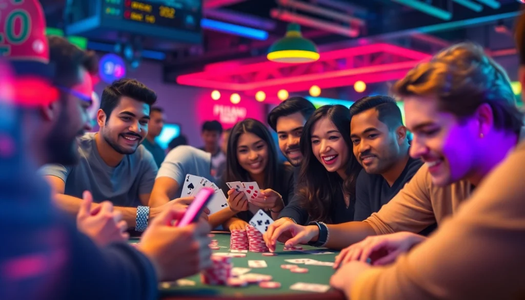 Dynamic online gaming scene representing topgamebaidoithuong.mx, showcasing players engaged in exciting card games with vibrant visuals.