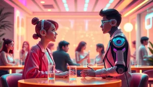 Dynamic scene of avatars engaged in a lively sex chat AI conversation in a virtual café.