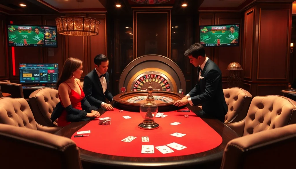 Engaged gamblers enjoying an elite Fun88 com casino experience with poker, roulette, and vibrant atmosphere.