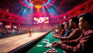 Engaging action during Đá gà 8KBET matches with vibrant arena and dynamic betting atmosphere.