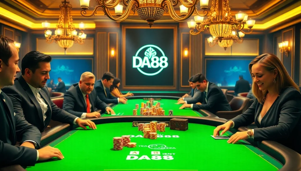Engaged players strategizing at a DA88 branded poker table, surrounded by colorful chips and cards.
