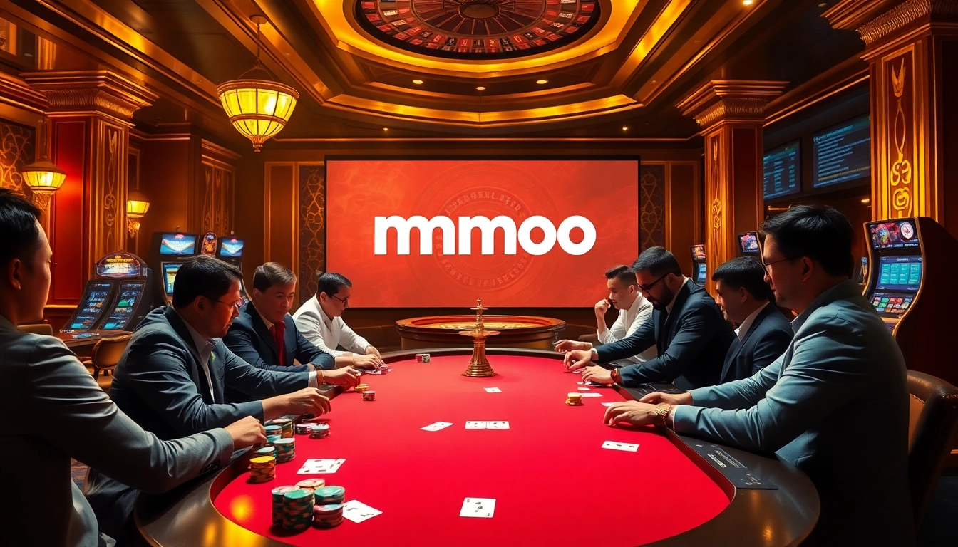 Engaged players enjoying poker at a luxury casino scene with mmoo branding, chips, and roulette.
