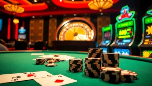 A thrilling poker game at 888vnd.com showcasing professional chips, cards, and a roulette wheel.