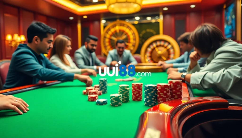 Engaging players at a luxurious table in a lively casino scene featuring uu88. com gaming elements.