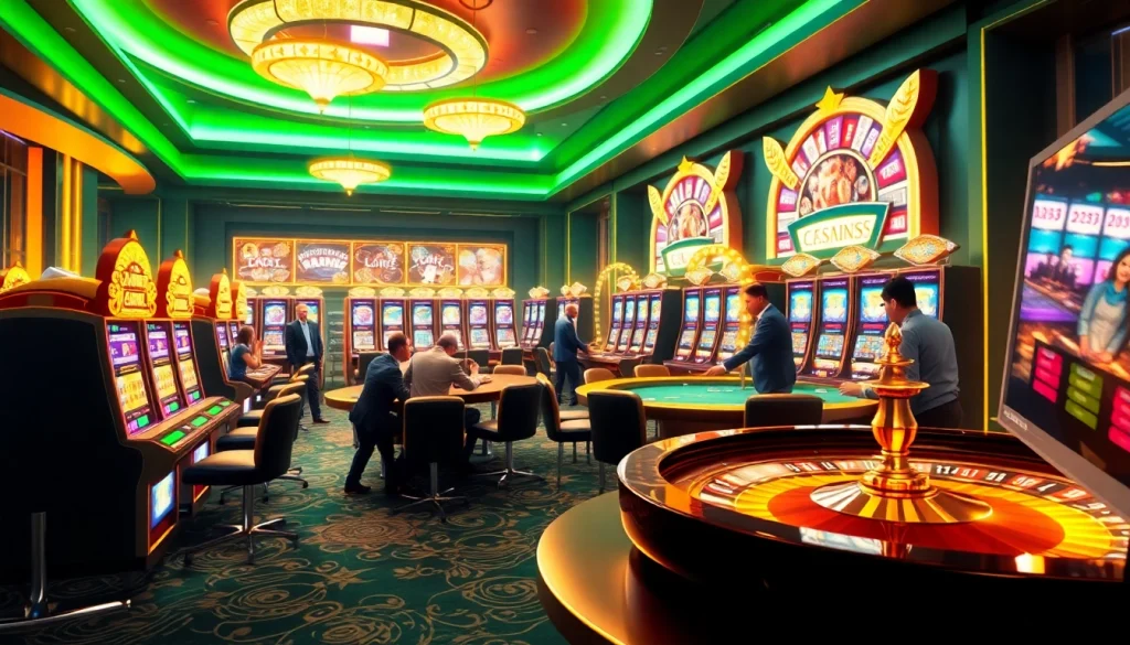 A dynamic casino scene showcasing the c54.gb.net gambling experience with poker tables and vibrant slot machines.