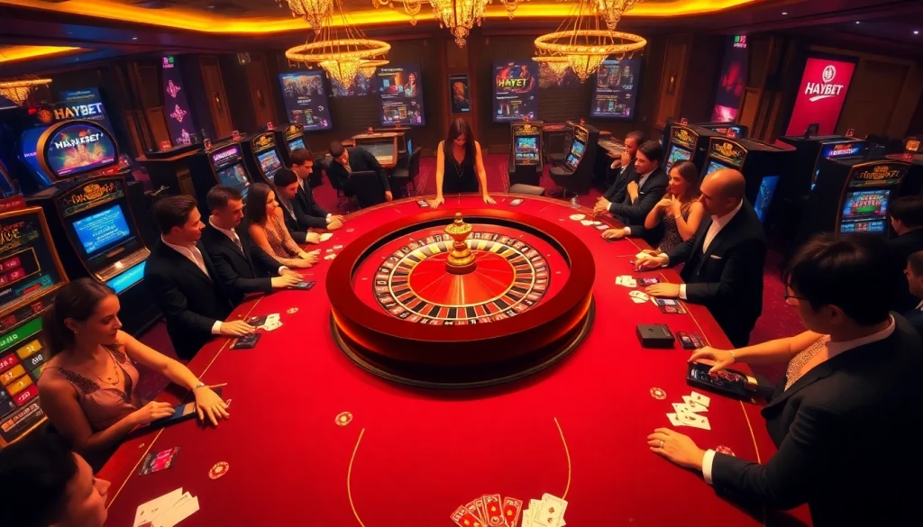 Experience the thrill of gambling at HAYBET with a vibrant casino scene featuring poker tables and roulette.
