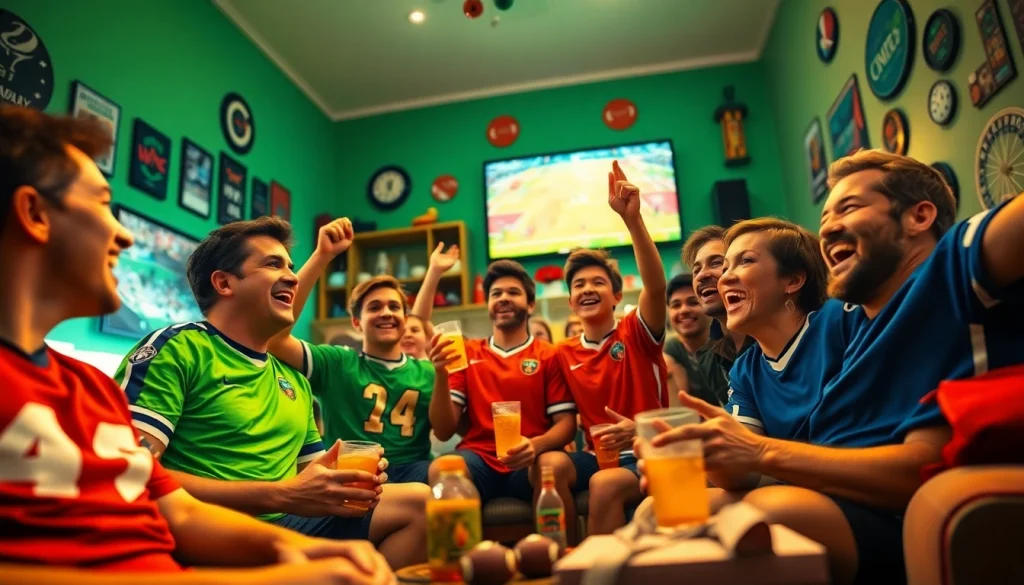 Football fans enjoying a live match while connecting through joemadfan.com, surrounded by vibrant memorabilia and snacks.