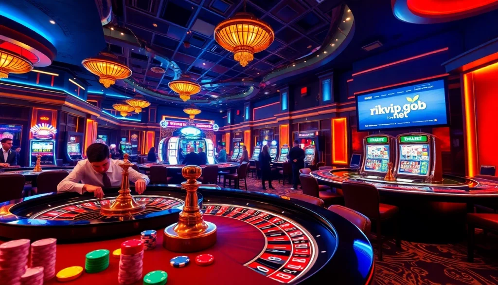 Engaging gamblers at a luxury casino setting showcasing rikvip.gb.net with roulette and slots.