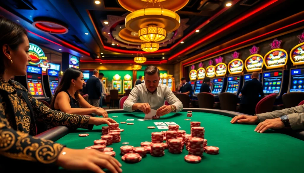 Players betting at a vibrant poker table at tr88.com casino.