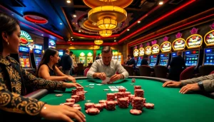 Players betting at a vibrant poker table at tr88.com casino.