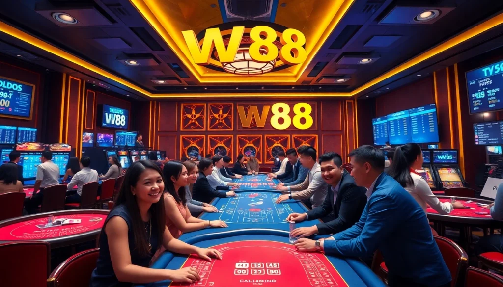 Exciting online casino scene at W88.nyc with diverse players enjoying Baccarat and Blackjack.