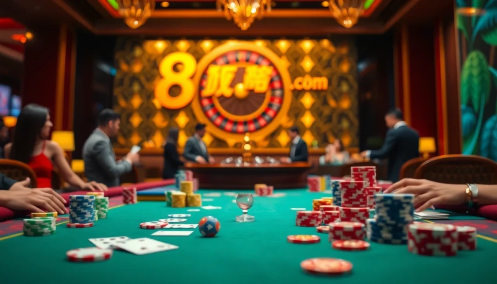 High-stakes action at 8day.cn.com casino tables featuring poker chips and cards.