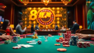High-stakes action at 8day.cn.com casino tables featuring poker chips and cards.
