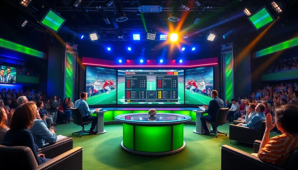 Hosts actively discussing Sports Broadcasting in a lively studio environment with digital displays.