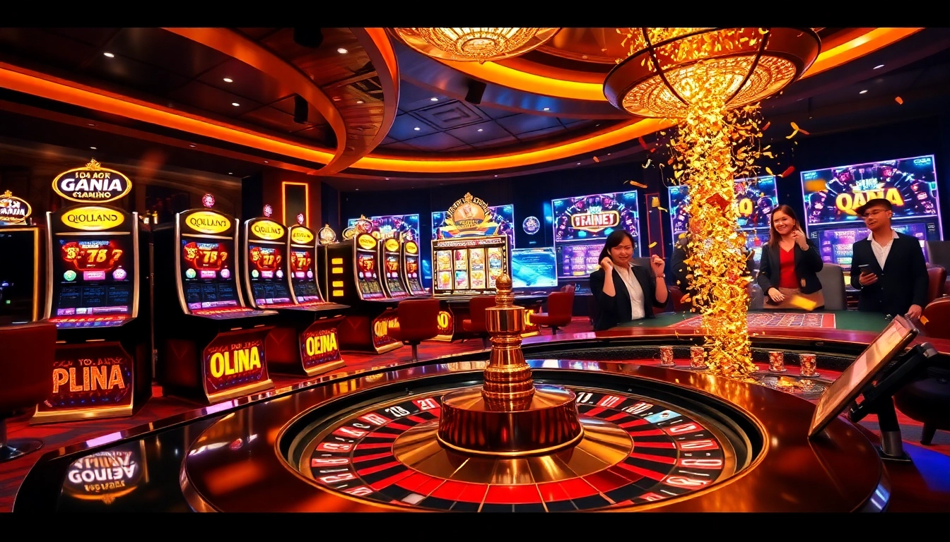 Exciting scene of gamblers engaging with QQALFA's vibrant slot machines and roulette.