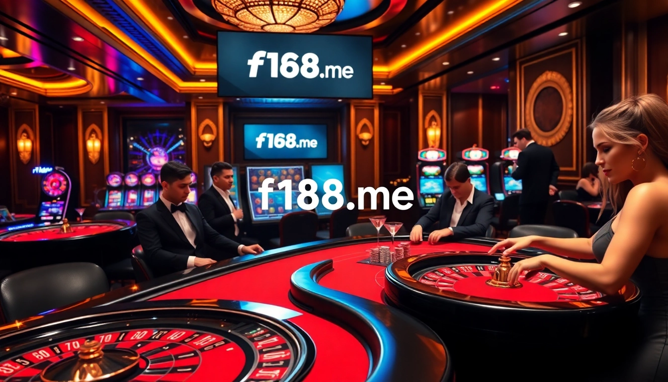 Exciting gambling action at f168.me with poker tables and slot machines in a luxurious casino setting.
